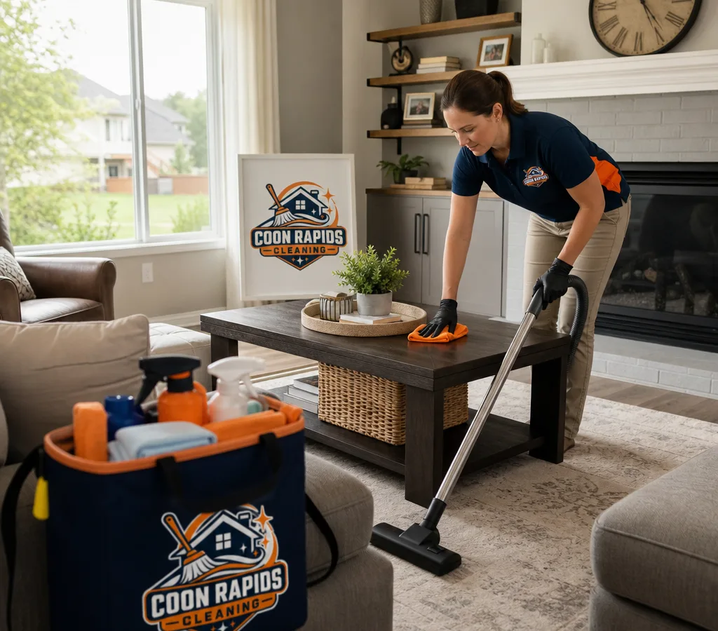 Coon Rapids Cleaning team member vacuuming and wiping high-touch surfaces in a bright lived-in home