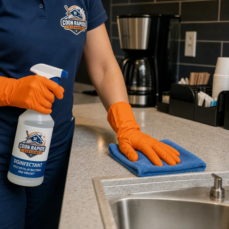 Cleaner using labeled disinfectant and a microfiber cloth on a shared office kitchen counter
