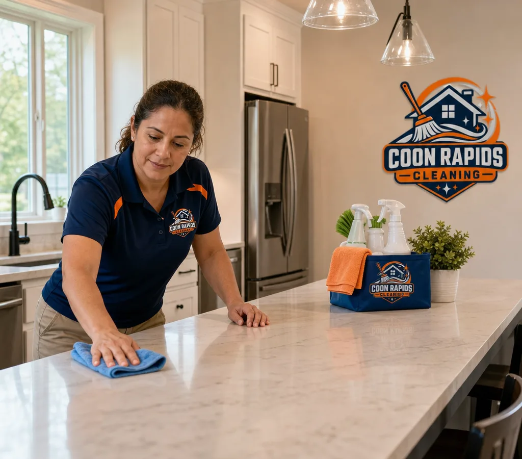 Cleaner wiping down a bright residential kitchen counter with neatly staged supplies in a Coon Rapids-area home